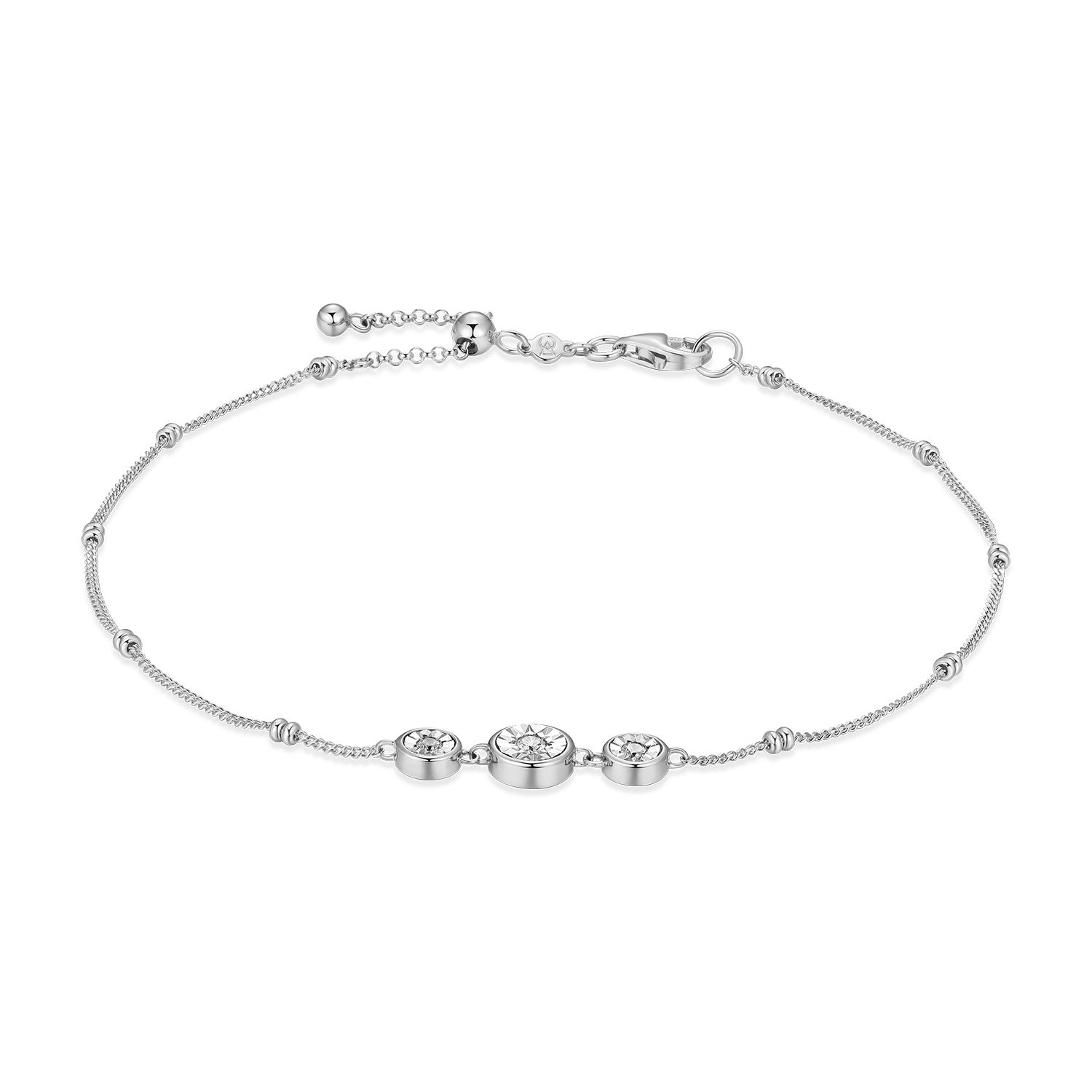 Trio Bezel-Set Lab-Created Diamond Beaded Bolo Anklet in Rhodium-Plated Sterling Silver | M by Monte Luna