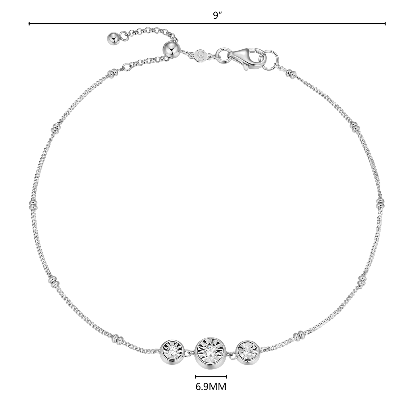 Trio Bezel-Set Lab-Created Diamond Beaded Bolo Anklet in Rhodium-Plated Sterling Silver | M by Monte Luna