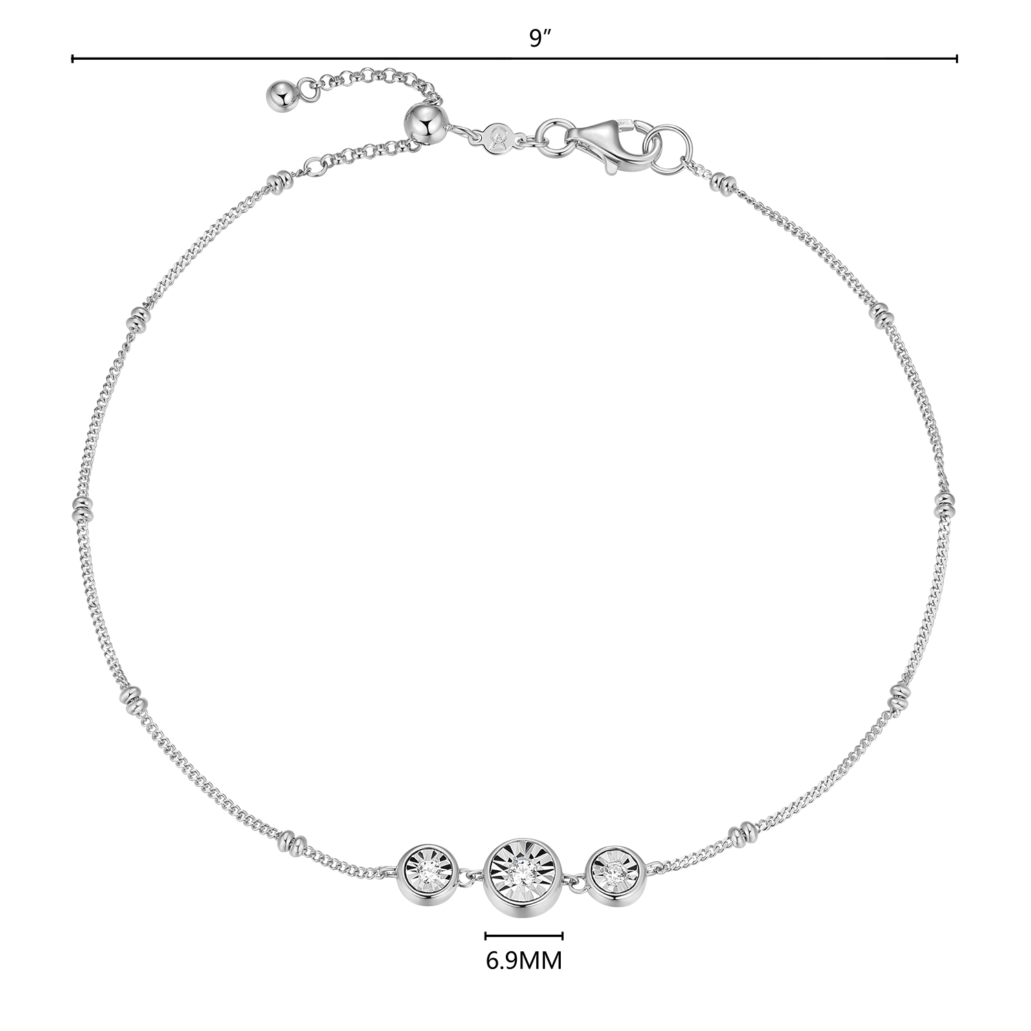 Trio Bezel-Set Lab-Created Diamond Beaded Bolo Anklet in Rhodium-Plated Sterling Silver | M by Monte Luna