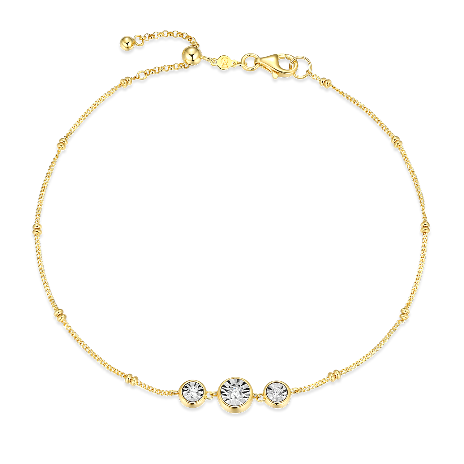 Trio Bezel-Set Lab-Created Diamond Beaded Bolo Anklet in 14K Yellow Gold-Plated Sterling Silver | M by Monte Luna