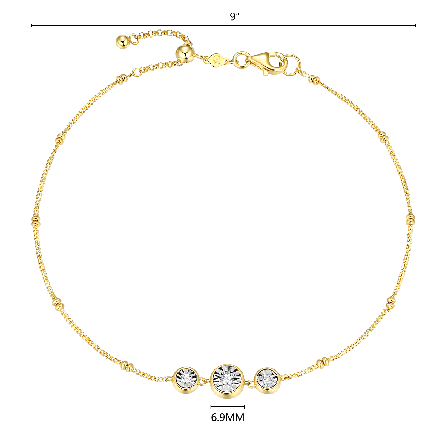 Trio Bezel-Set Lab-Created Diamond Beaded Bolo Anklet in 14K Yellow Gold-Plated Sterling Silver | M by Monte Luna