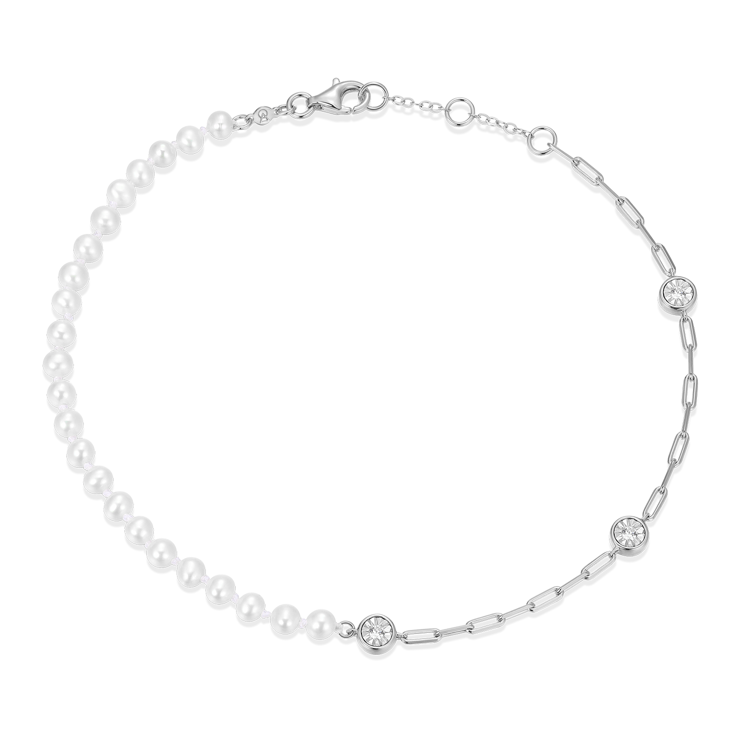 Freshwater Baby Pearl & Lab-Created Diamond Station Paperclip Anklet in Rhodium-Plated Sterling Silver | M by Monte Luna