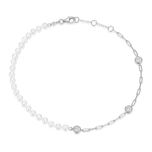 Freshwater Baby Pearl & Lab-Created Diamond Station Paperclip Anklet in Rhodium-Plated Sterling Silver | M by Monte Luna