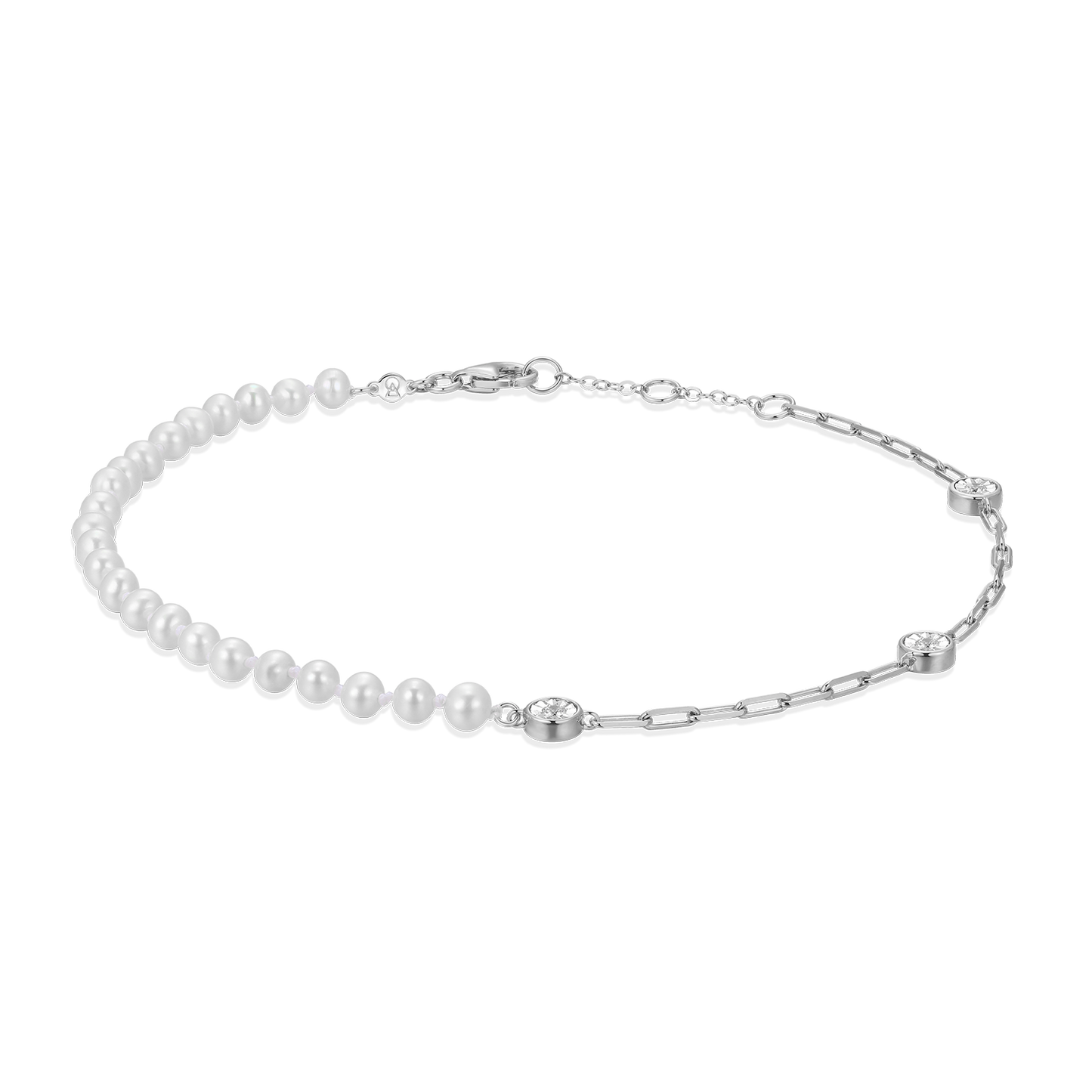 Freshwater Baby Pearl & Lab-Created Diamond Station Paperclip Anklet in Rhodium-Plated Sterling Silver | M by Monte Luna