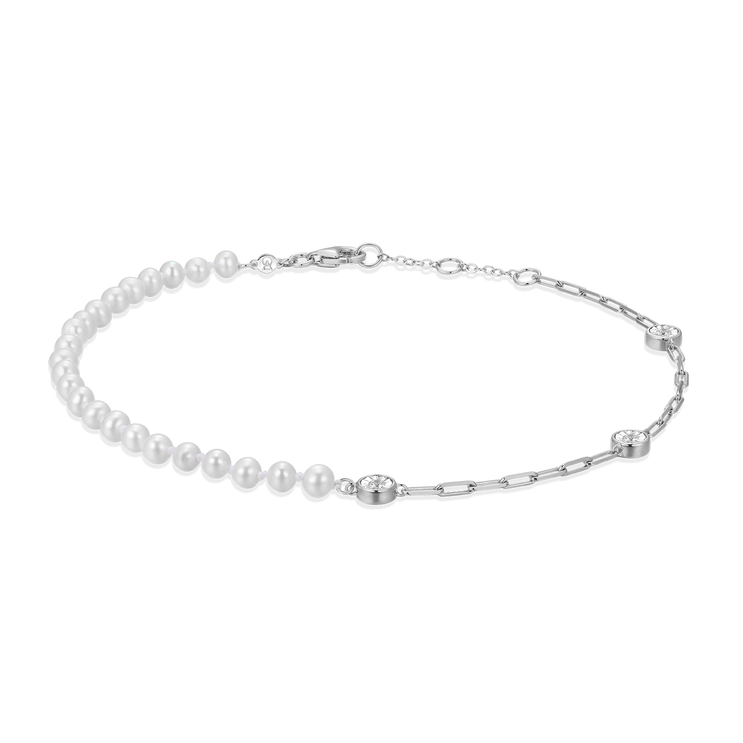 Freshwater Baby Pearl & Lab-Created Diamond Station Paperclip Anklet in Rhodium-Plated Sterling Silver | M by Monte Luna