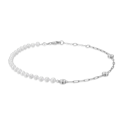 Freshwater Baby Pearl & Lab-Created Diamond Station Paperclip Anklet in Rhodium-Plated Sterling Silver | M by Monte Luna