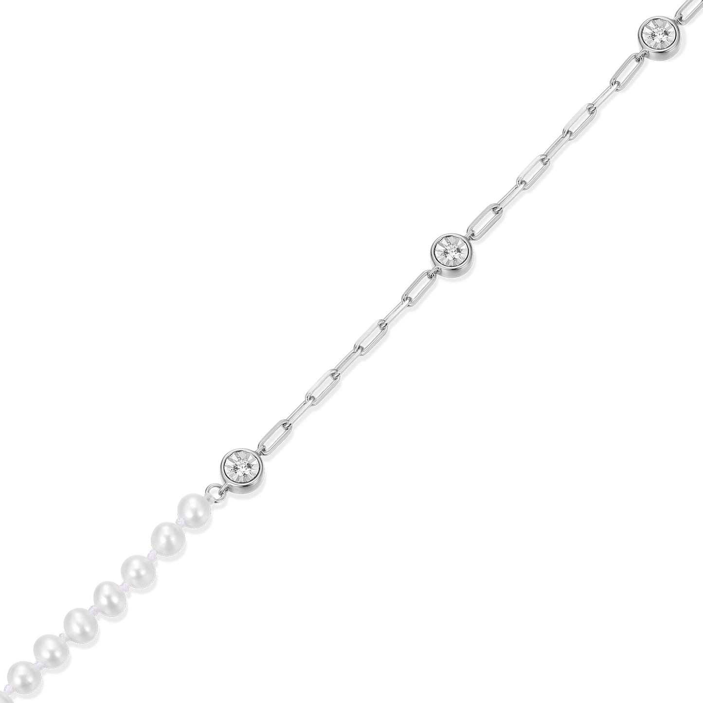Freshwater Baby Pearl & Lab-Created Diamond Station Paperclip Anklet in Rhodium-Plated Sterling Silver | M by Monte Luna