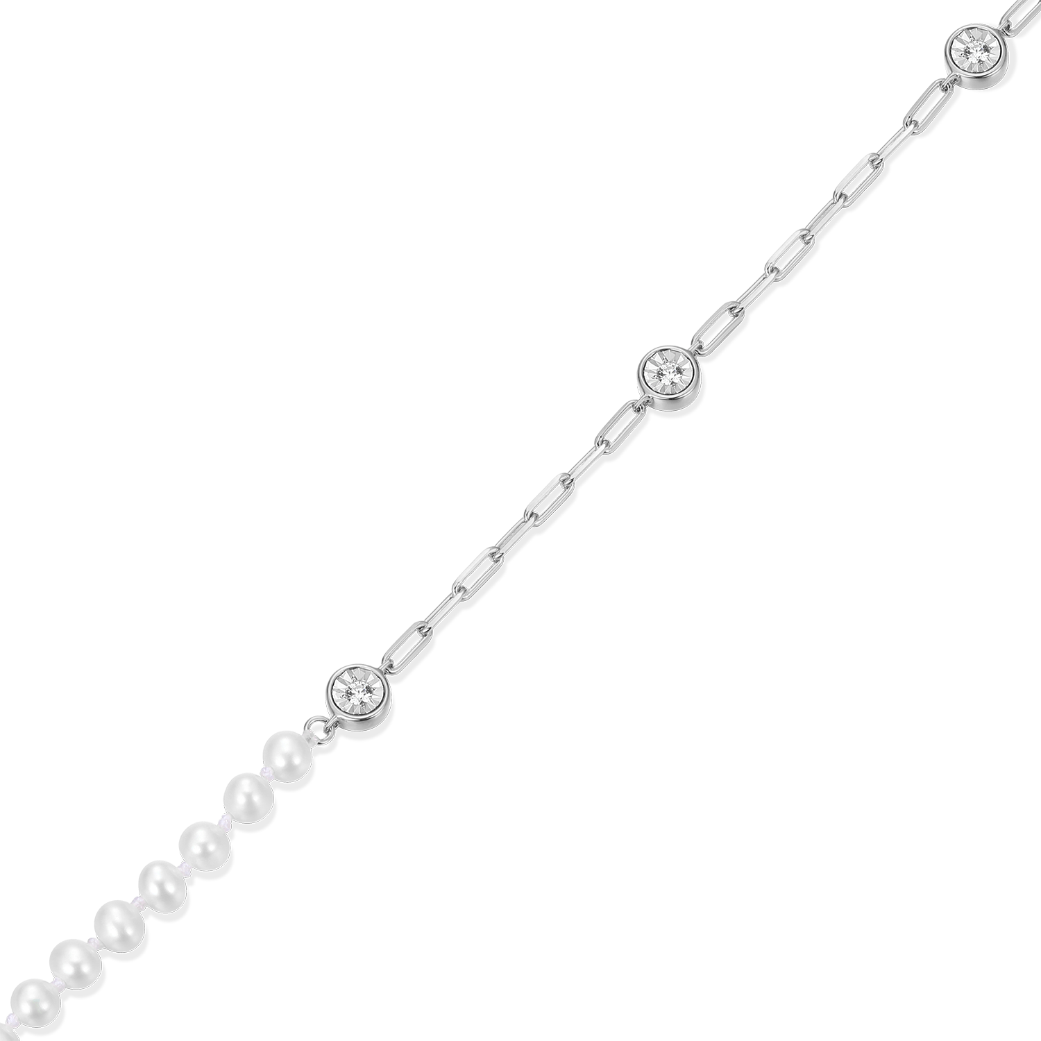 Freshwater Baby Pearl & Lab-Created Diamond Station Paperclip Anklet in Rhodium-Plated Sterling Silver | M by Monte Luna