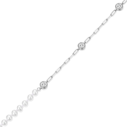 Freshwater Baby Pearl & Lab-Created Diamond Station Paperclip Anklet in Rhodium-Plated Sterling Silver | M by Monte Luna
