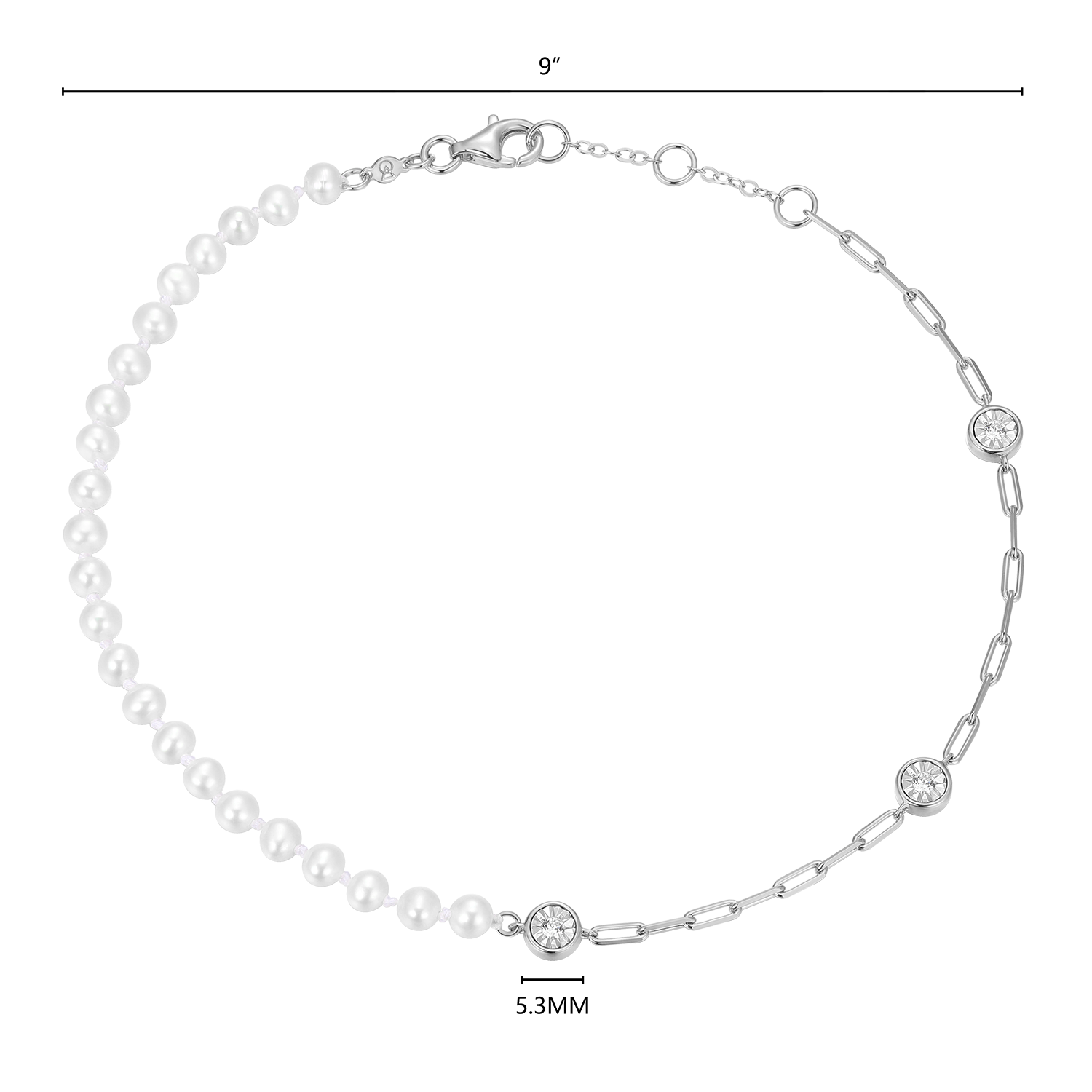 Freshwater Baby Pearl & Lab-Created Diamond Station Paperclip Anklet in Rhodium-Plated Sterling Silver | M by Monte Luna