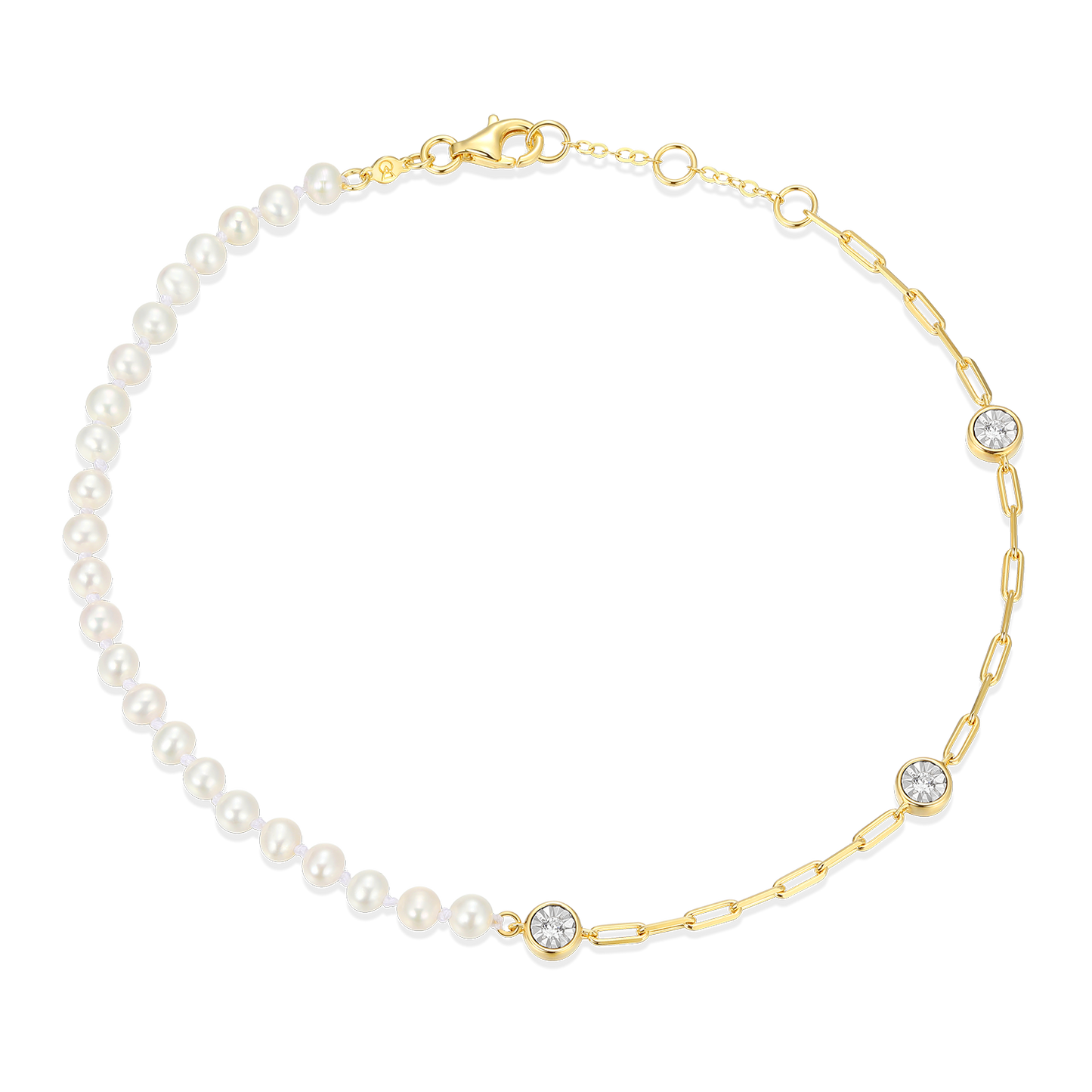 Freshwater Baby Pearl & Lab-Created Diamond Station Paperclip Anklet in 14K Yellow Gold-Plated Sterling Silver | M by Monte Luna