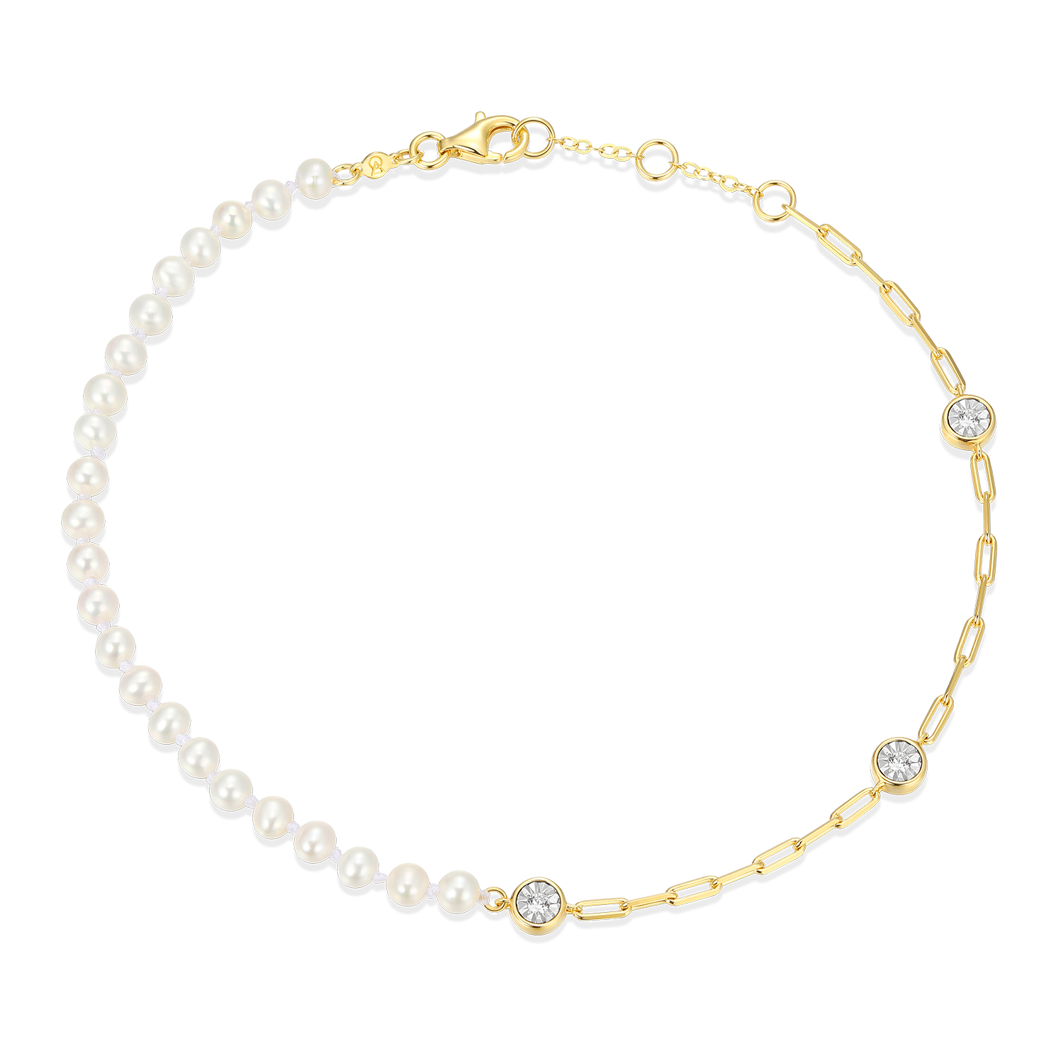 Freshwater Baby Pearl & Lab-Created Diamond Station Paperclip Anklet in 14K Yellow Gold-Plated Sterling Silver | M by Monte Luna