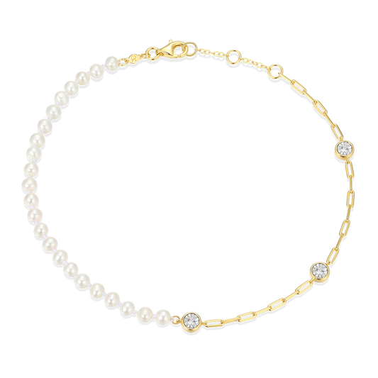 Freshwater Baby Pearl & Lab-Created Diamond Station Paperclip Anklet in 14K Yellow Gold-Plated Sterling Silver | M by Monte Luna