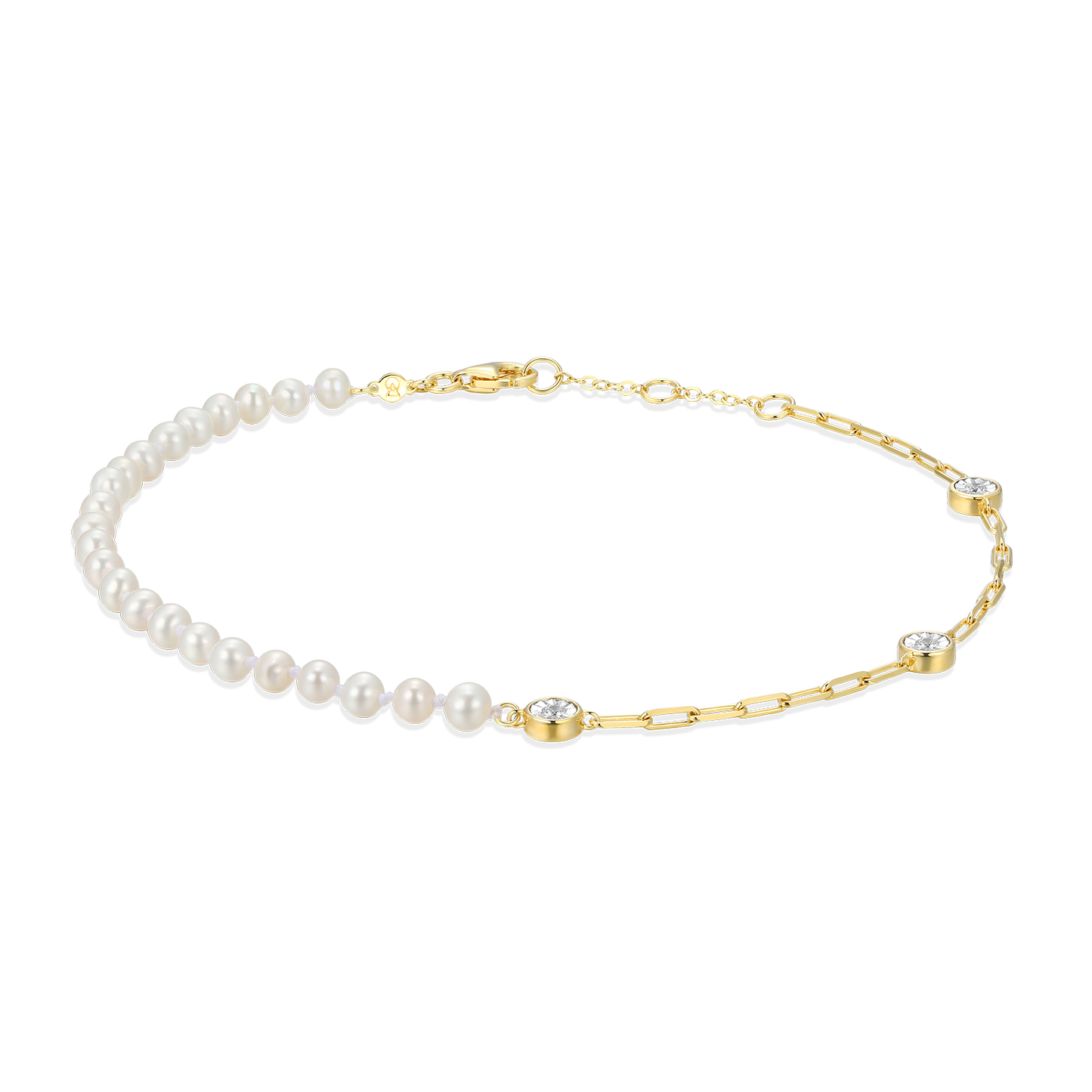 Freshwater Baby Pearl & Lab-Created Diamond Station Paperclip Anklet in 14K Yellow Gold-Plated Sterling Silver | M by Monte Luna