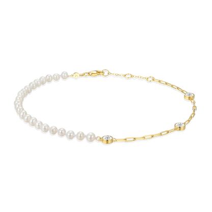 Freshwater Baby Pearl & Lab-Created Diamond Station Paperclip Anklet in 14K Yellow Gold-Plated Sterling Silver | M by Monte Luna