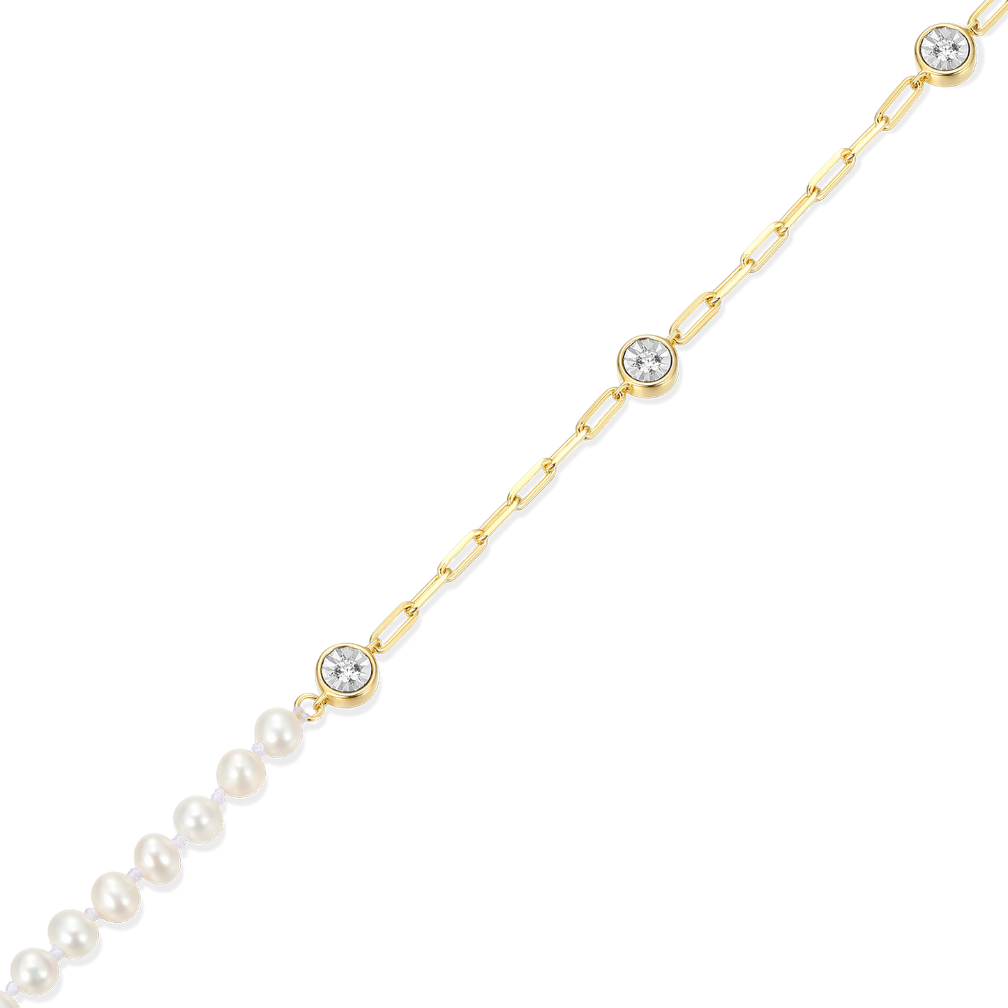 Freshwater Baby Pearl & Lab-Created Diamond Station Paperclip Anklet in 14K Yellow Gold-Plated Sterling Silver | M by Monte Luna