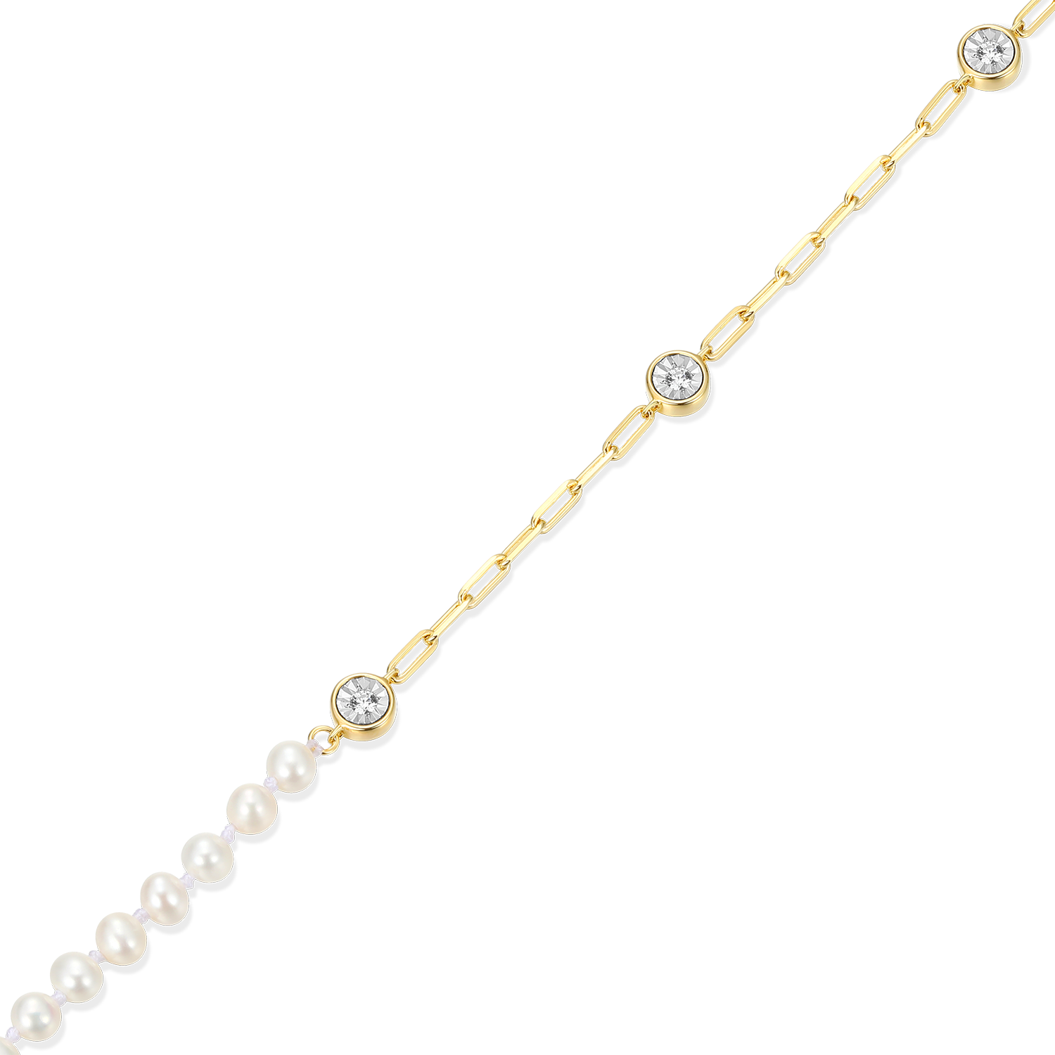Freshwater Baby Pearl & Lab-Created Diamond Station Paperclip Anklet in 14K Yellow Gold-Plated Sterling Silver | M by Monte Luna