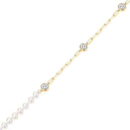 Freshwater Baby Pearl & Lab-Created Diamond Station Paperclip Anklet in 14K Yellow Gold-Plated Sterling Silver | M by Monte Luna