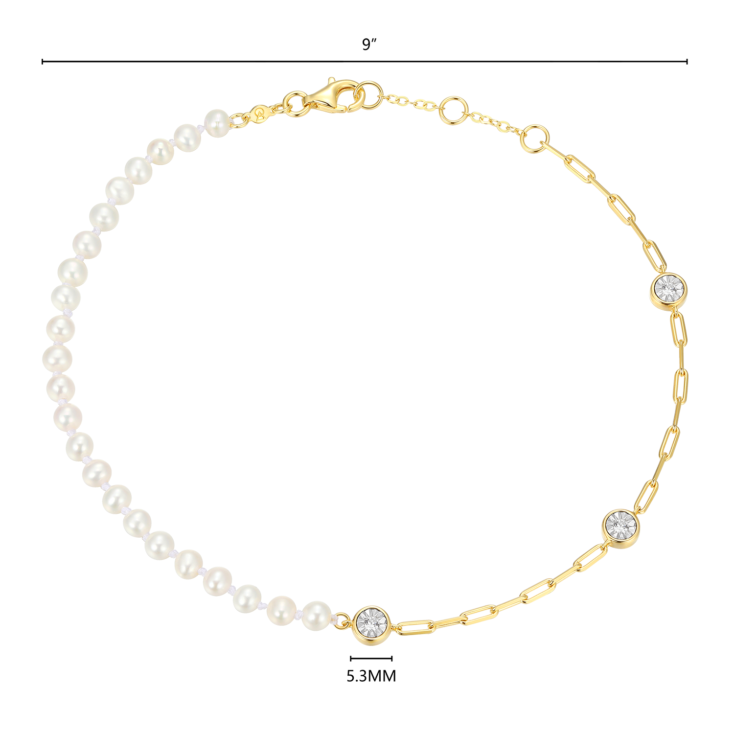 Freshwater Baby Pearl & Lab-Created Diamond Station Paperclip Anklet in 14K Yellow Gold-Plated Sterling Silver | M by Monte Luna