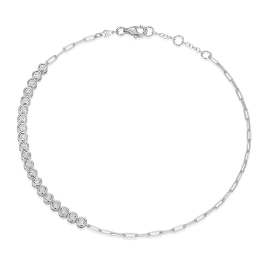 Mini Paperclip Chain & Bezel-Set Lab-Created Diamond Anklet in Rhodium-Plated Sterling Silver | M by Monte Luna