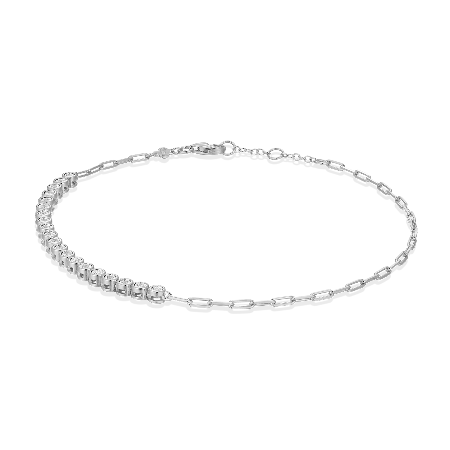 Mini Paperclip Chain & Bezel-Set Lab-Created Diamond Anklet in Rhodium-Plated Sterling Silver | M by Monte Luna