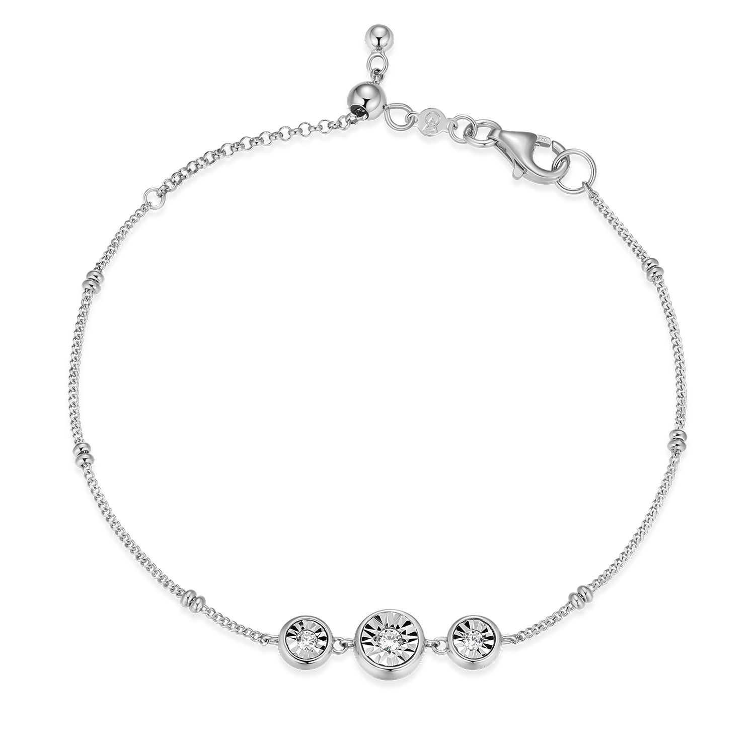 Trio Bezel-Set Lab-Created Diamond Beaded Bolo Bracelet in Rhodium ...