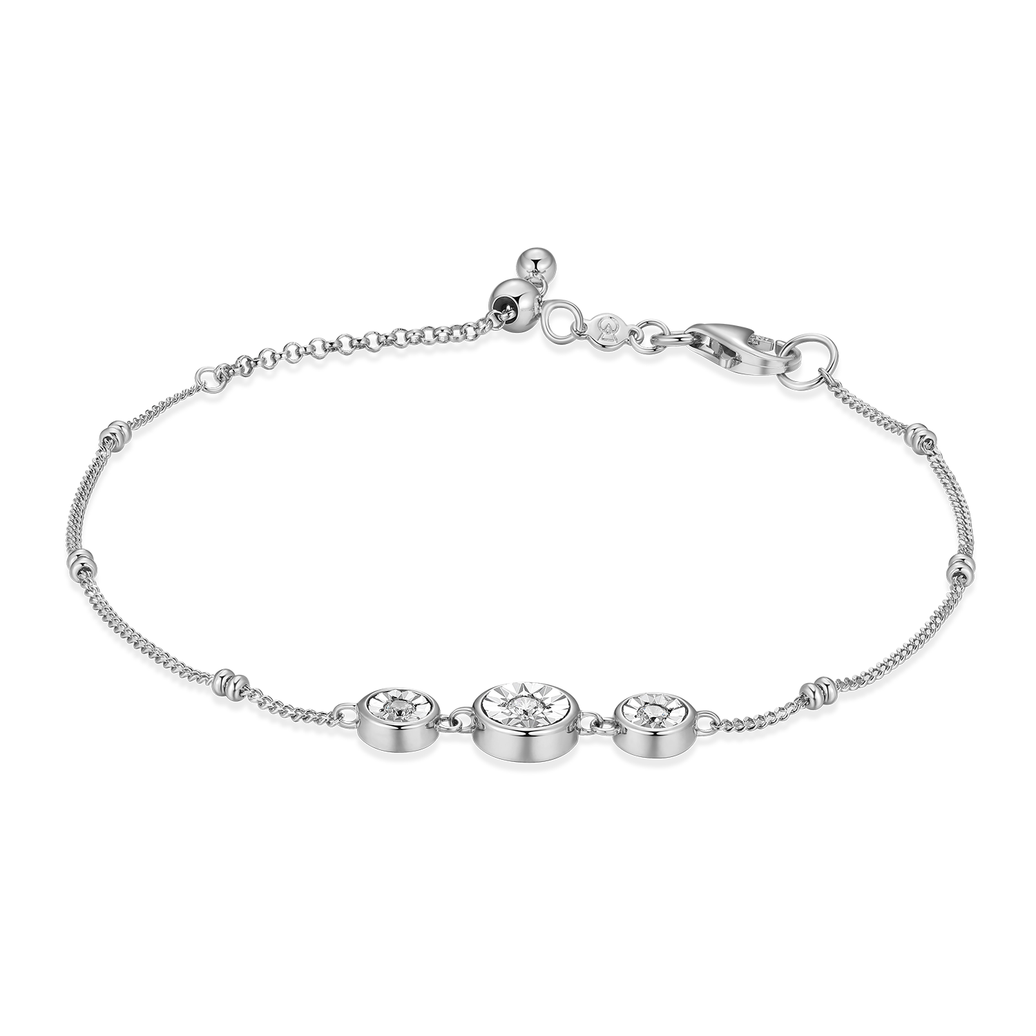 Trio Bezel-Set Lab-Created Diamond Beaded Bolo Bracelet in Rhodium-Plated Sterling Silver | M by Monte Luna