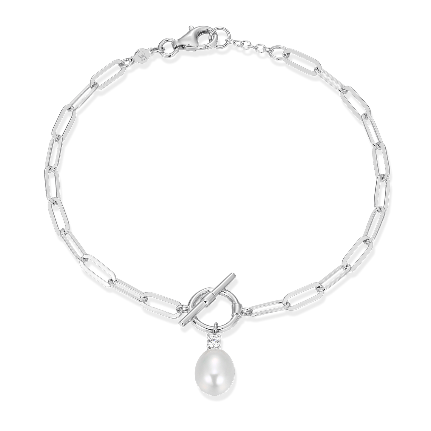 Freshwater Pearl & Lab-Created Diamond Toggle-Look Paperclip Bracelet in Rhodium-Plated Sterling Silver | M by Monte Luna
