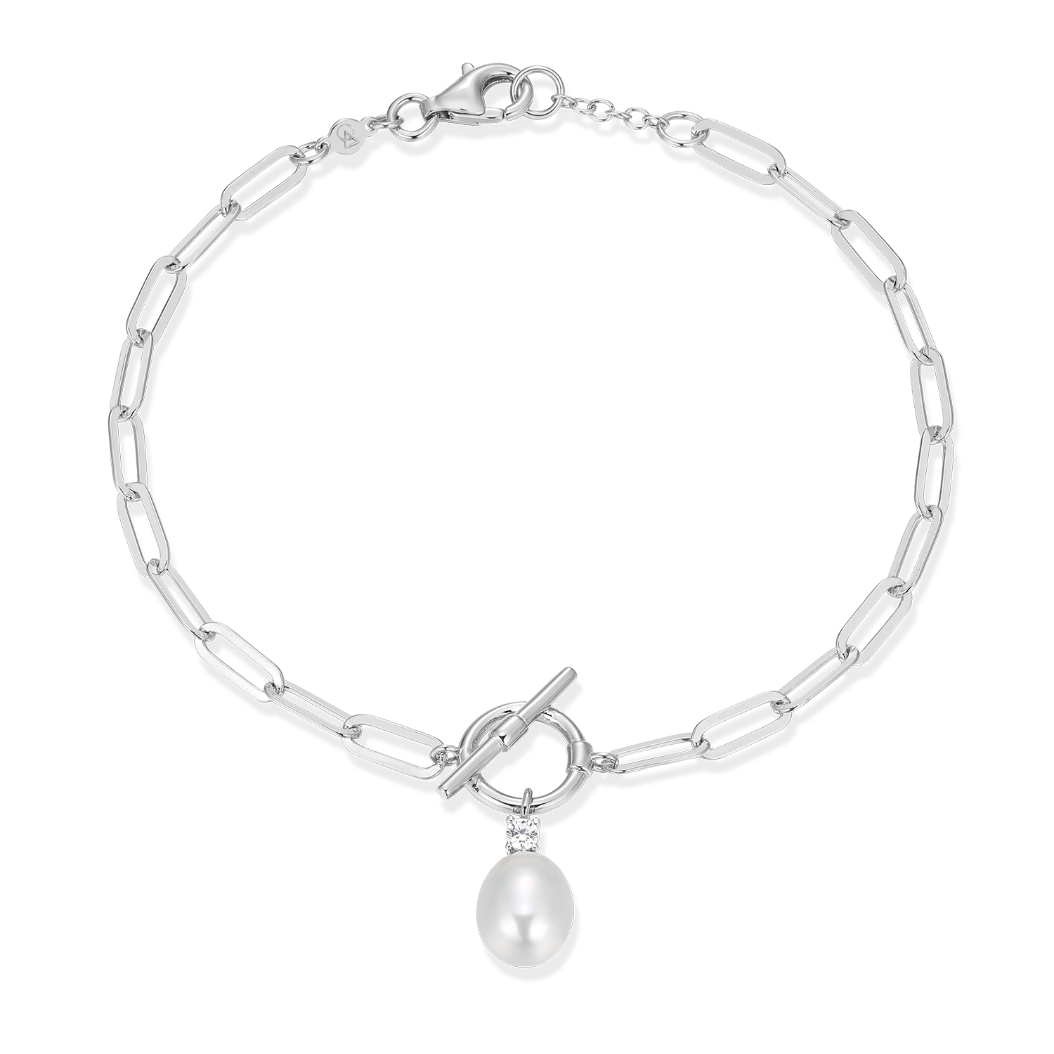 Freshwater Pearl & Lab-Created Diamond Toggle-Look Paperclip Bracelet in Rhodium-Plated Sterling Silver | M by Monte Luna