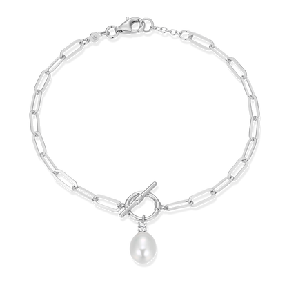 Freshwater Pearl & Lab-Created Diamond Toggle-Look Paperclip Bracelet in Rhodium-Plated Sterling Silver | M by Monte Luna