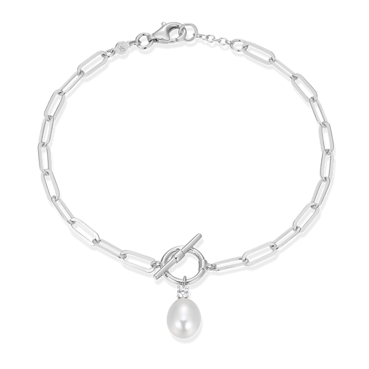 Freshwater Pearl & Lab-Created Diamond Toggle-Look Paperclip Bracelet in Rhodium-Plated Sterling Silver | M by Monte Luna