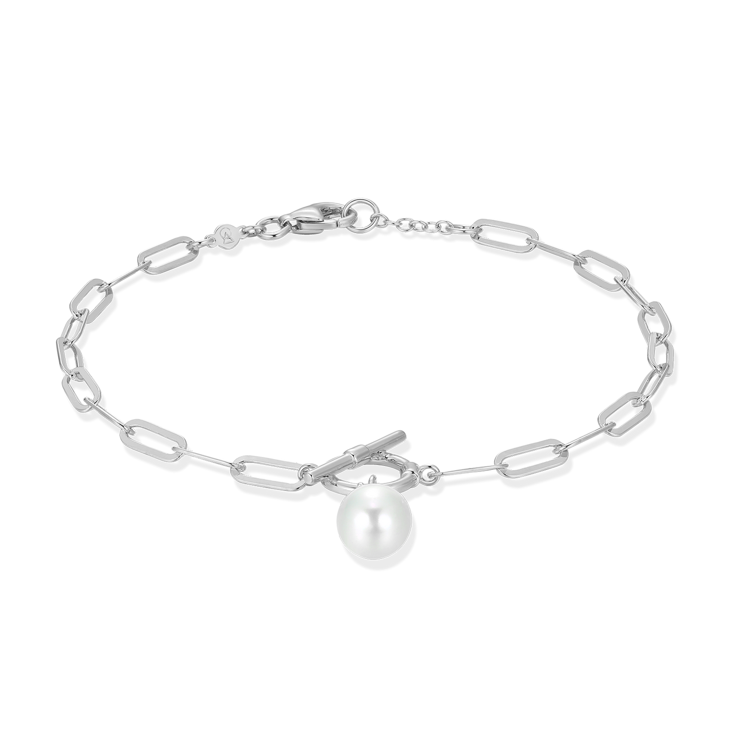 Freshwater Pearl & Lab-Created Diamond Toggle-Look Paperclip Bracelet in Rhodium-Plated Sterling Silver | M by Monte Luna
