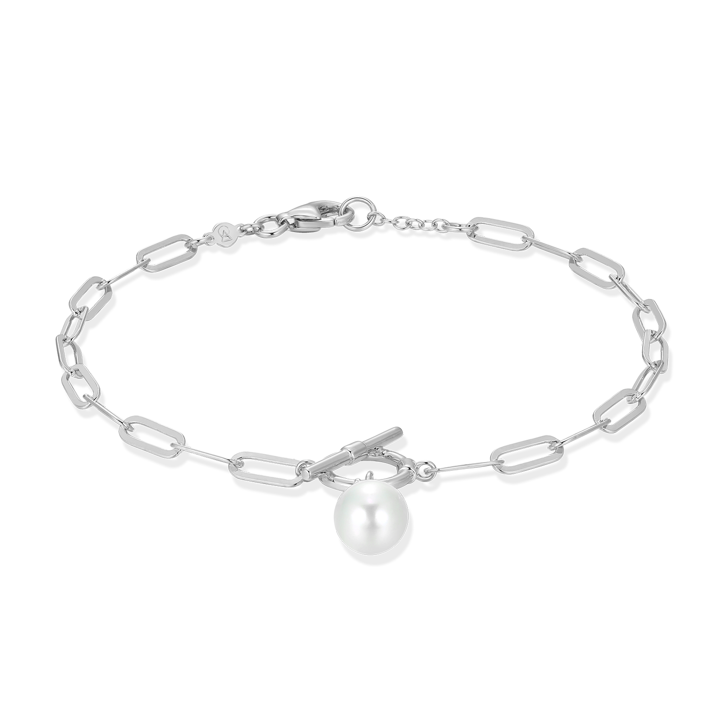 Freshwater Pearl & Lab-Created Diamond Toggle-Look Paperclip Bracelet in Rhodium-Plated Sterling Silver | M by Monte Luna
