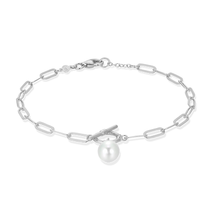 Freshwater Pearl & Lab-Created Diamond Toggle-Look Paperclip Bracelet in Rhodium-Plated Sterling Silver | M by Monte Luna