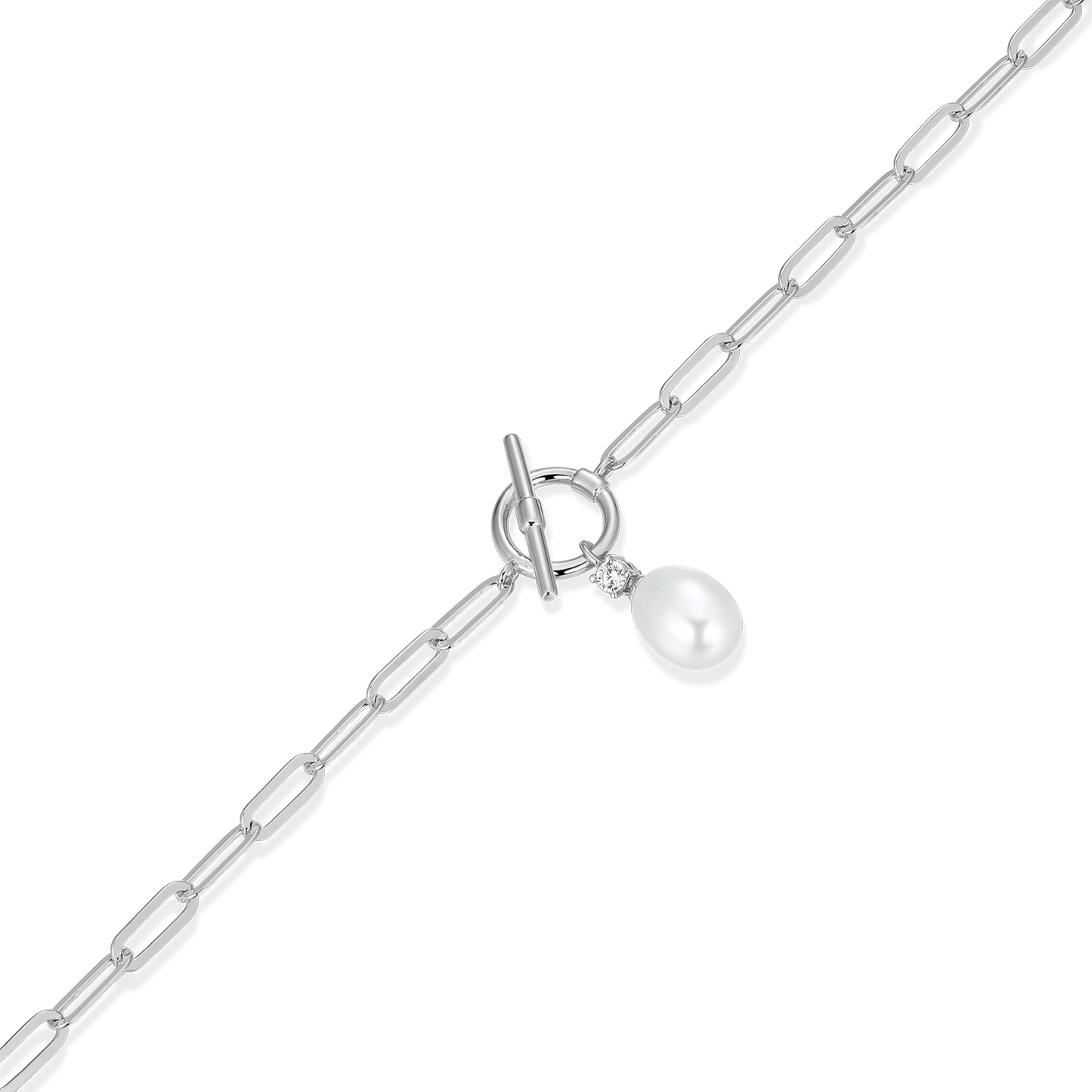 Freshwater Pearl & Lab-Created Diamond Toggle-Look Paperclip Bracelet in Rhodium-Plated Sterling Silver | M by Monte Luna
