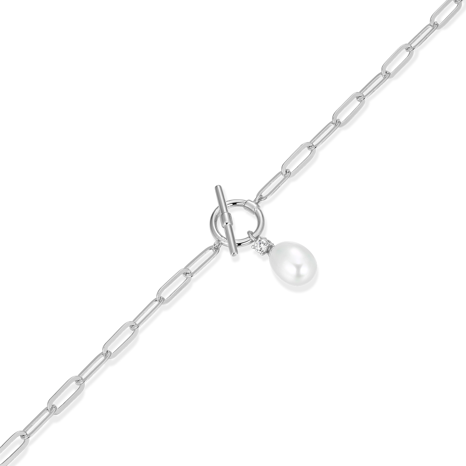 Freshwater Pearl & Lab-Created Diamond Toggle-Look Paperclip Bracelet in Rhodium-Plated Sterling Silver | M by Monte Luna
