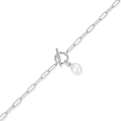 Freshwater Pearl & Lab-Created Diamond Toggle-Look Paperclip Bracelet in Rhodium-Plated Sterling Silver | M by Monte Luna