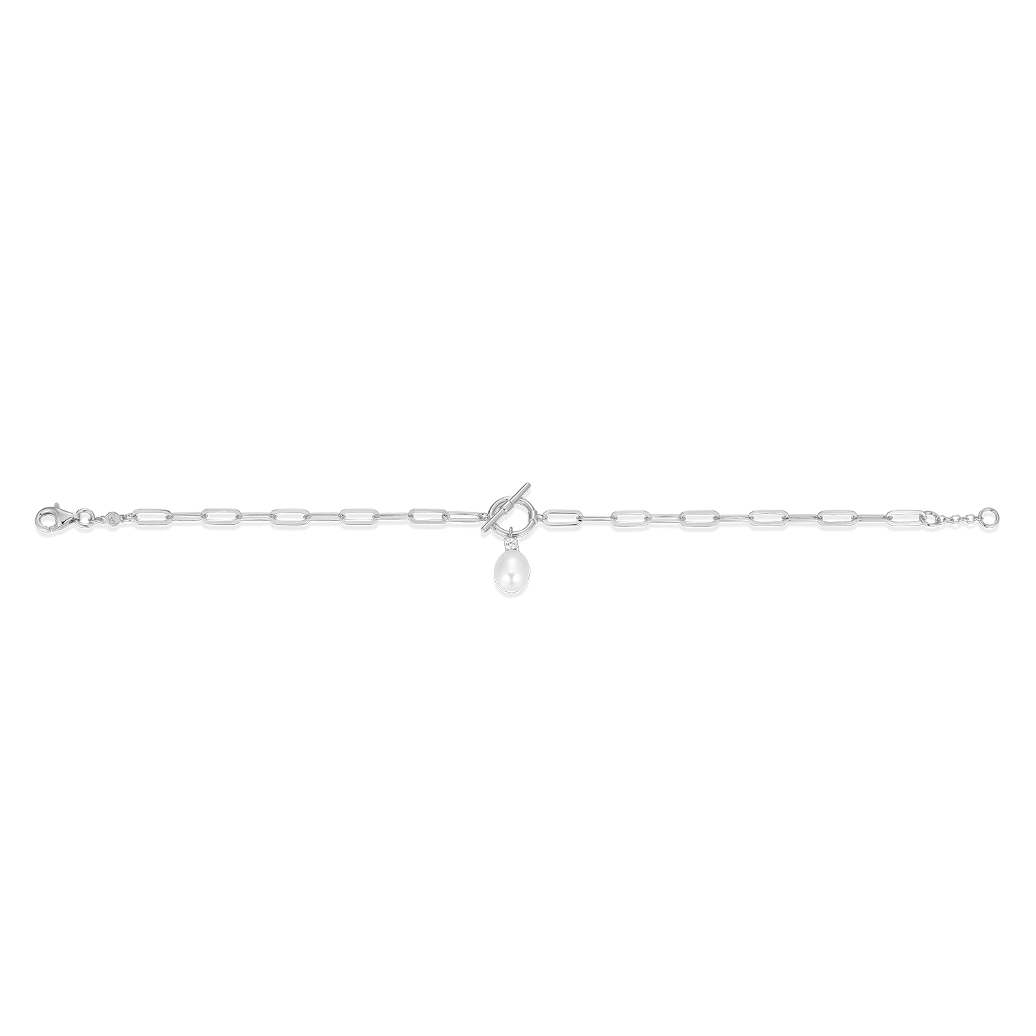 Freshwater Pearl & Lab-Created Diamond Toggle-Look Paperclip Bracelet in Rhodium-Plated Sterling Silver | M by Monte Luna