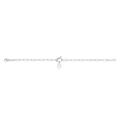 Freshwater Pearl & Lab-Created Diamond Toggle-Look Paperclip Bracelet in Rhodium-Plated Sterling Silver | M by Monte Luna