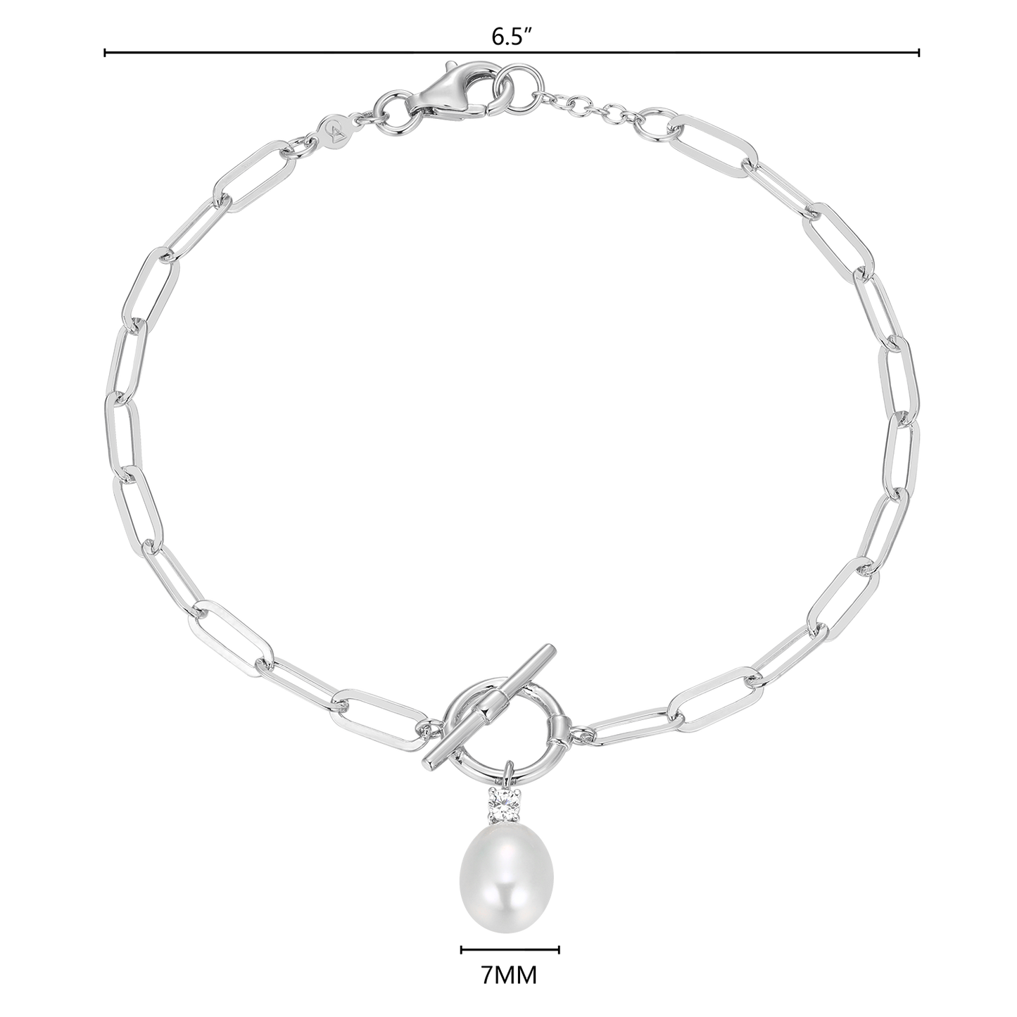 Freshwater Pearl & Lab-Created Diamond Toggle-Look Paperclip Bracelet in Rhodium-Plated Sterling Silver | M by Monte Luna