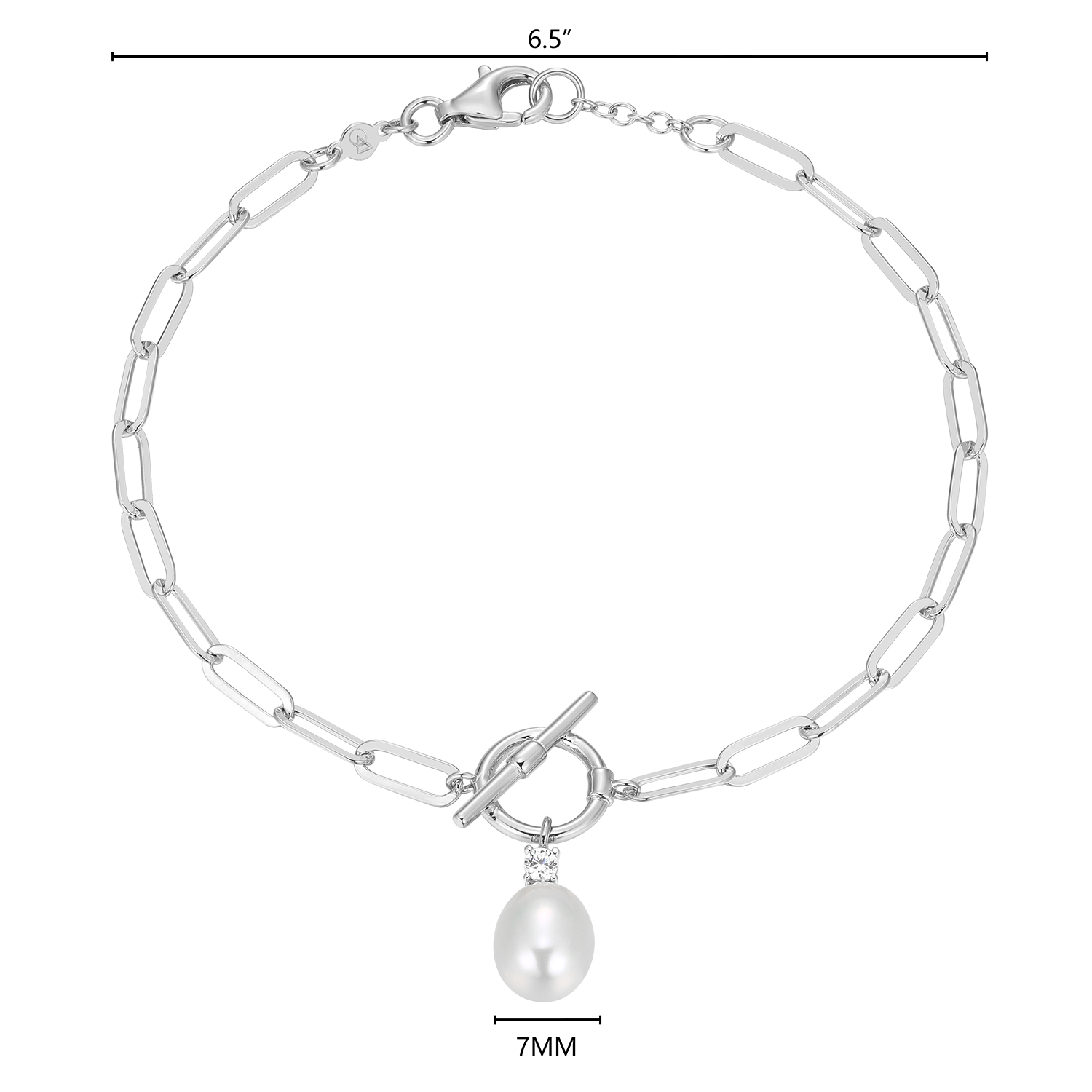 Freshwater Pearl & Lab-Created Diamond Toggle-Look Paperclip Bracelet in Rhodium-Plated Sterling Silver | M by Monte Luna