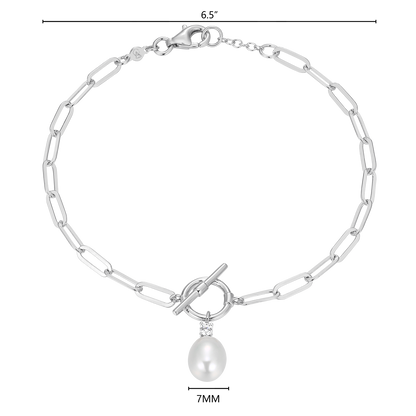 Freshwater Pearl & Lab-Created Diamond Toggle-Look Paperclip Bracelet in Rhodium-Plated Sterling Silver | M by Monte Luna