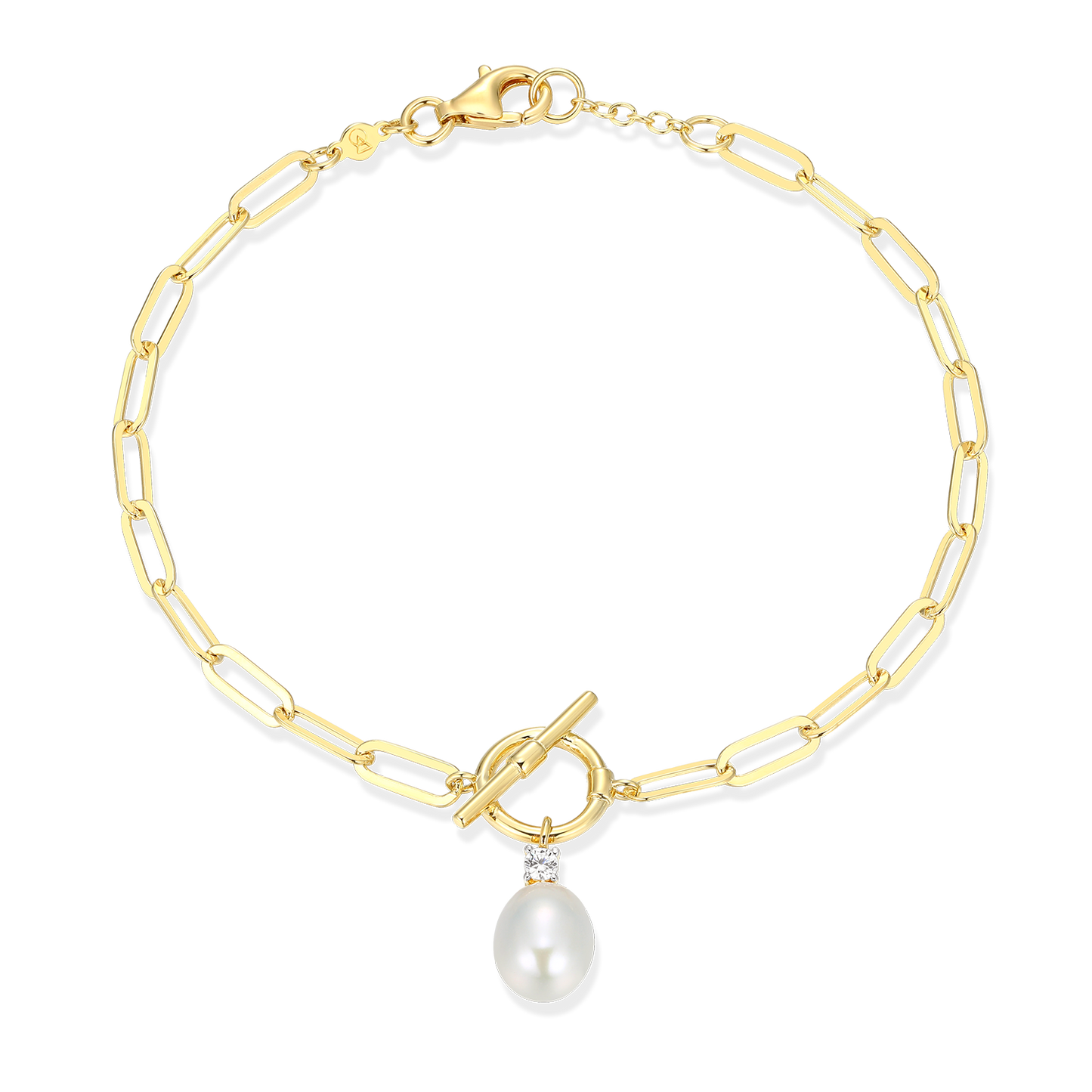 Freshwater Pearl & Lab-Created Diamond Toggle-Look Paperclip Bracelet in 14K Yellow Gold-Plated Sterling Silver | M by Monte Luna
