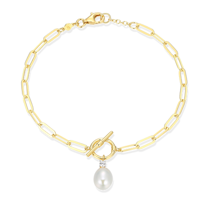 Freshwater Pearl & Lab-Created Diamond Toggle-Look Paperclip Bracelet in 14K Yellow Gold-Plated Sterling Silver | M by Monte Luna