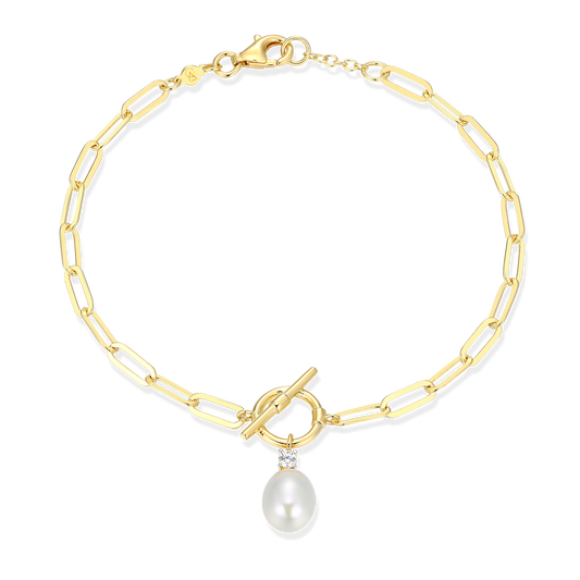 Freshwater Pearl & Lab-Created Diamond Toggle-Look Paperclip Bracelet in 14K Yellow Gold-Plated Sterling Silver | M by Monte Luna