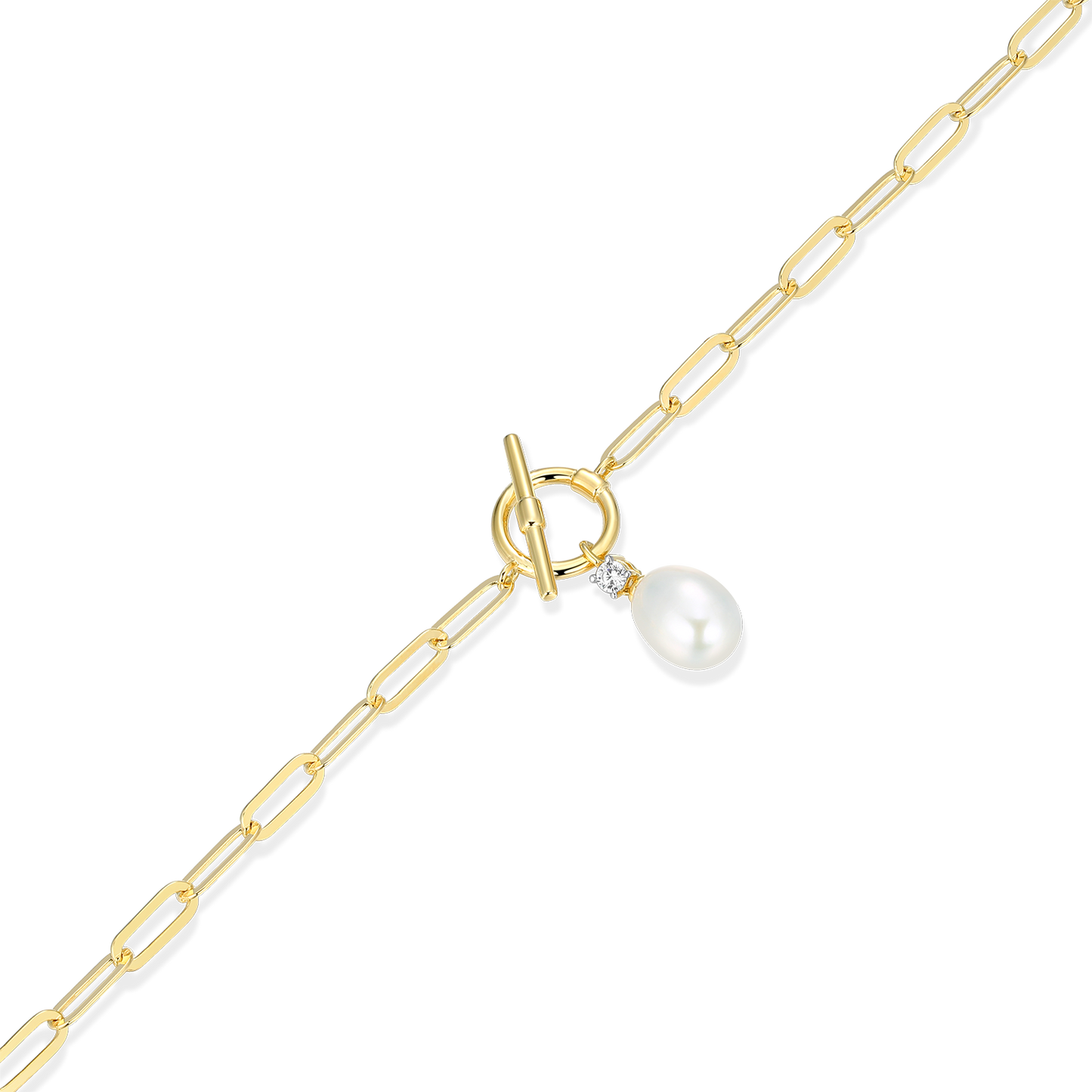 Freshwater Pearl & Lab-Created Diamond Toggle-Look Paperclip Bracelet in 14K Yellow Gold-Plated Sterling Silver | M by Monte Luna