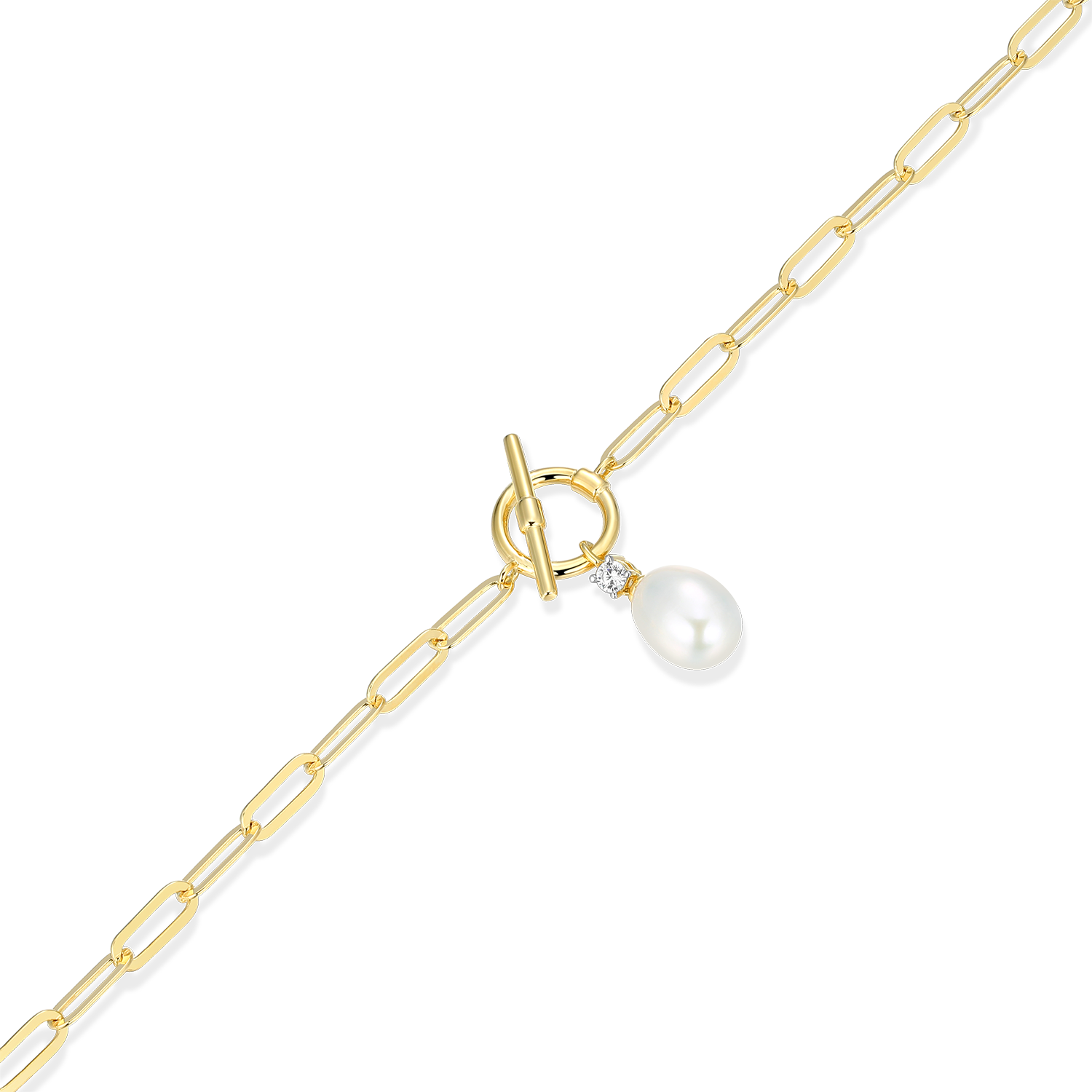 Freshwater Pearl & Lab-Created Diamond Toggle-Look Paperclip Bracelet in 14K Yellow Gold-Plated Sterling Silver | M by Monte Luna