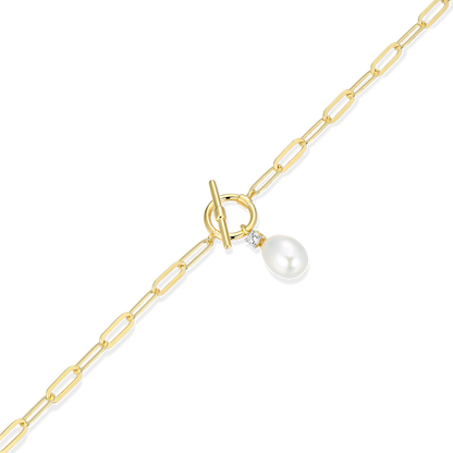 Freshwater Pearl & Lab-Created Diamond Toggle-Look Paperclip Bracelet in 14K Yellow Gold-Plated Sterling Silver | M by Monte Luna