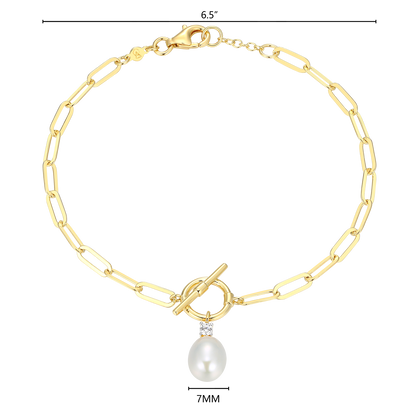 Freshwater Pearl & Lab-Created Diamond Toggle-Look Paperclip Bracelet in 14K Yellow Gold-Plated Sterling Silver | M by Monte Luna