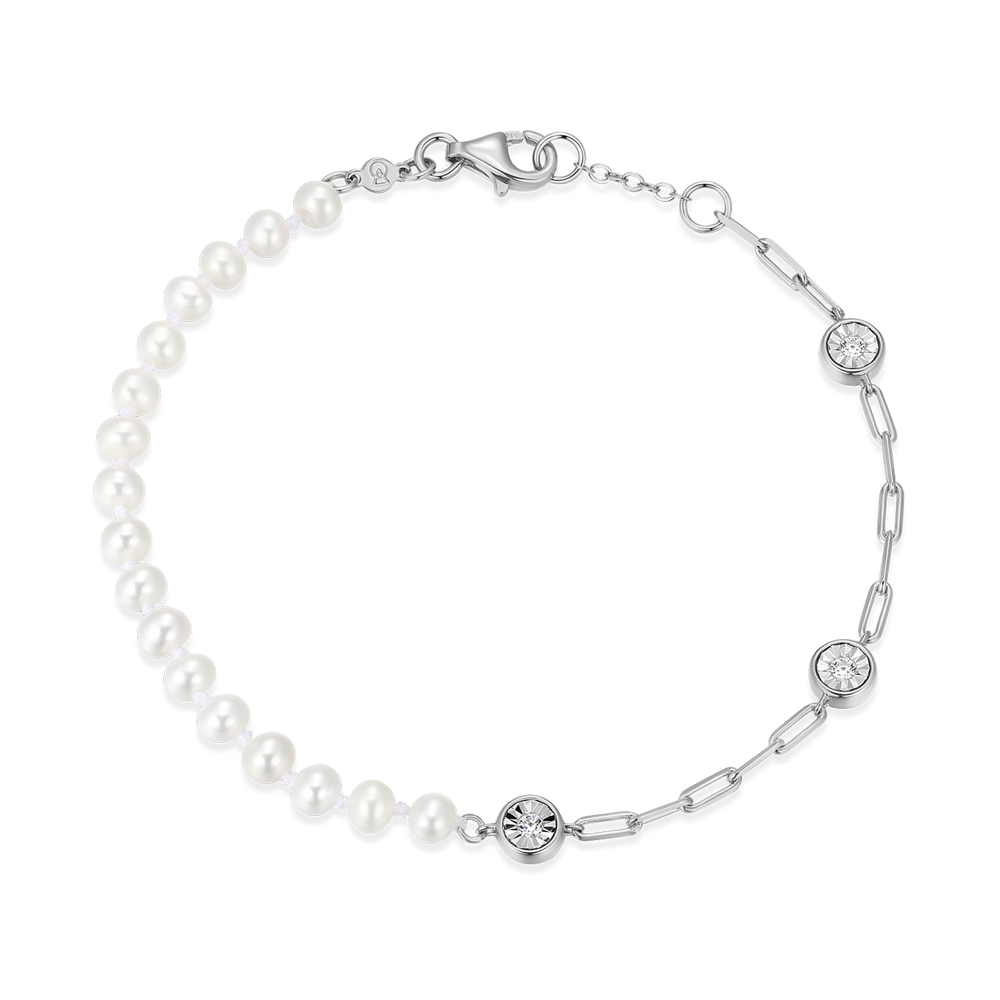 Freshwater Baby Pearl & Lab-Created Diamond Station Paperclip Bracelet in Rhodium-Plated Sterling Silver | M by Monte Luna
